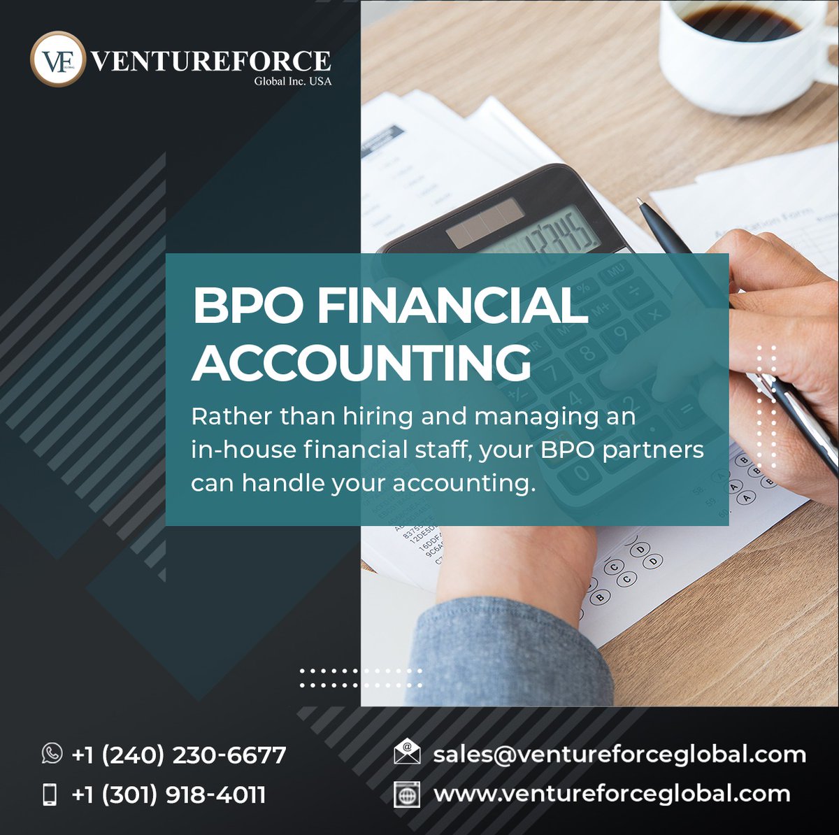 VentureforceG's tweet photo. 𝐁𝐏𝐎 𝐅𝐈𝐍𝐀𝐍𝐂𝐈𝐀𝐋 𝐀𝐂𝐂𝐎𝐔𝐍𝐓𝐈𝐍𝐆
Rather than hiring and managing an in-house financial staff, your BPO partners can handle your accounting.
Read more: https://t.co/xMZc4bAGsh
#accountingervices #bookkeepingservices #bookkeepingsolutions #payrollservices https://t.co/cHxB9416SD