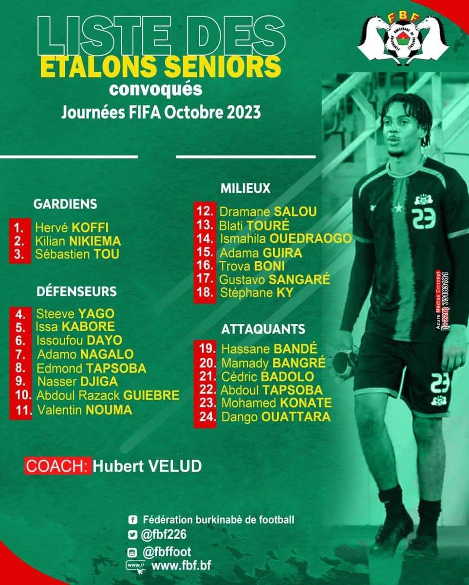 roland30417's tweet photo. 🔴🇧🇫#FOOTBALL
Les 24 #Etalons pour les matchs amicaux face à la Guinée Equatoriale le 13 octobre à Malabo et à la Mauritanie le 17 octobre à Casablanca au Maroc.
L'annonce a été faite ce mercredi 4 octobre 2023 à #Ouagadougou par le sélectionneur national, #HubertVelud.
FBF https://t.co/bTEtE6hrxx