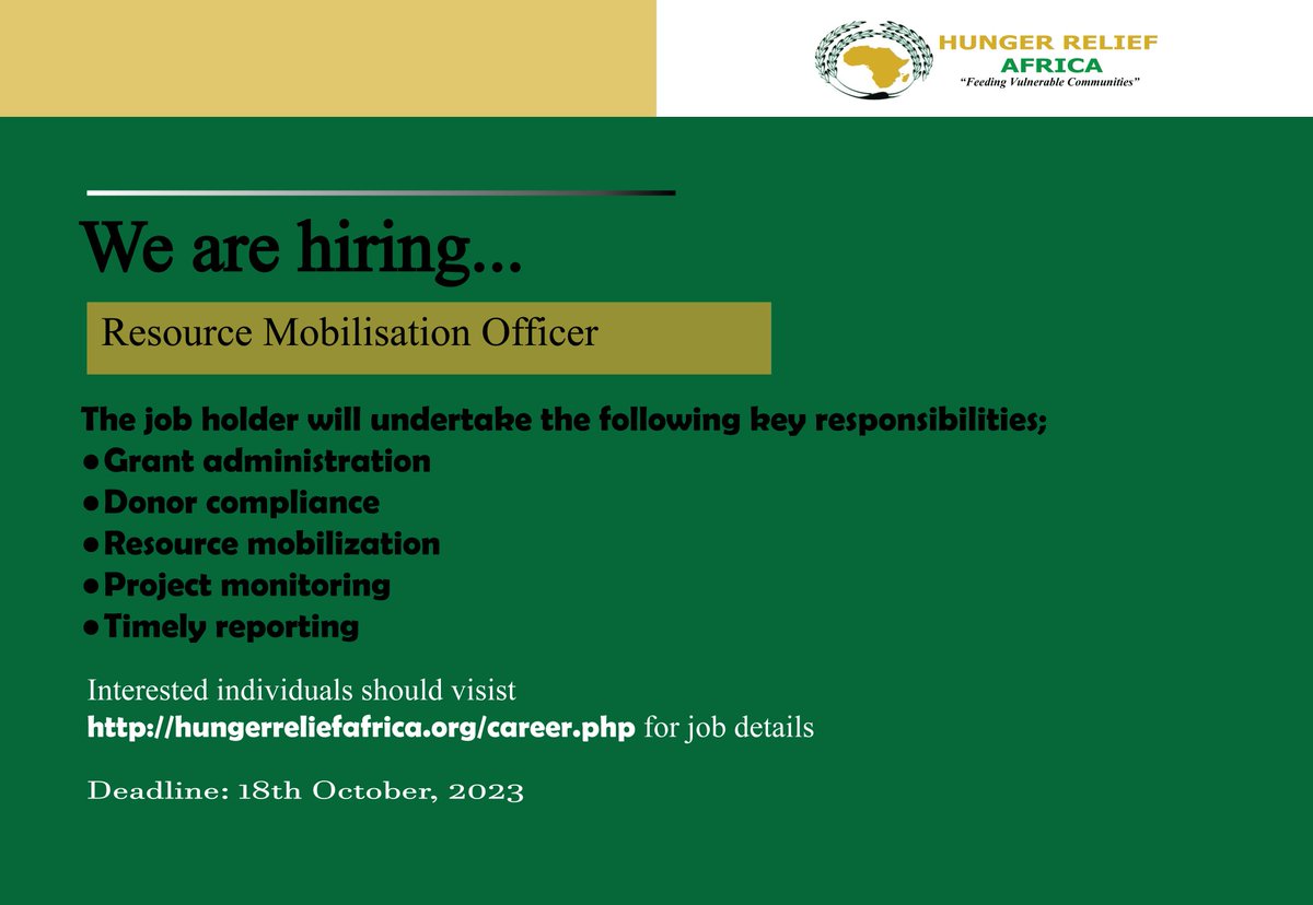 HRA_Uganda's tweet photo. We are seeking a dedicated Volunteer Resources Mobilization Officer to join our team. If you have what it takes, 
kindly visit https://t.co/BxyhgRjQUJ  to learn more about the job offer. 

send your application to career@hungerreliefafrica.org https://t.co/lCDQ4FO0yS
