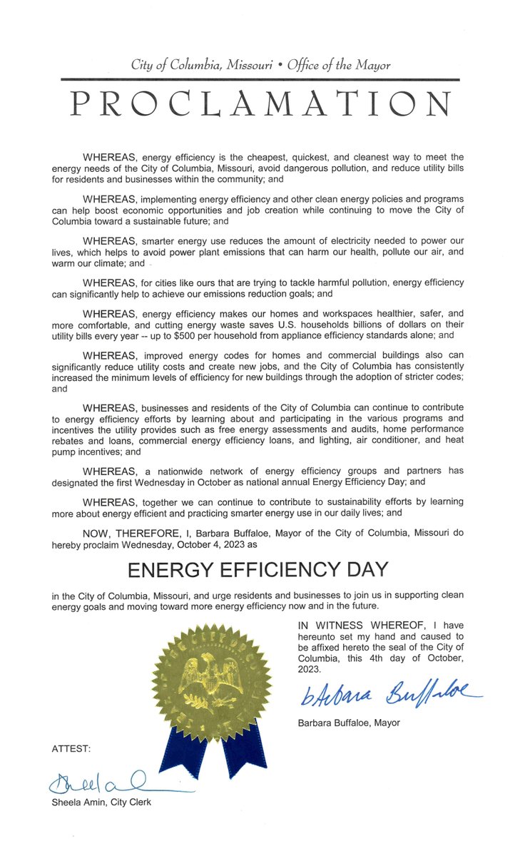 COMOSustain's tweet image. By Proclamation of Mayor Buffaloe! Columbia made the pledge to #SaveMoney, #CutPollution &amp;amp; #CreateJobs for National #EnergyEfficiency Day on Oct. 4! 

bit.ly/EEDay2023 
#EEDay2023
