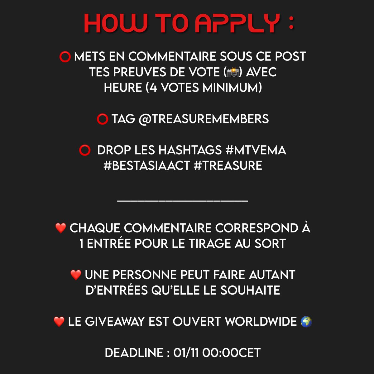 treasureinparis's tweet photo. #TEUMEs !

Afin de booster vos votes pour les #MTVEMA à Paris nous avons décidé de faire un nouveau GIVEAWAY, cette fois-ci ouvert worldwide 🌎 

@treasuremembers

Tout est expliqué dans les images du post 💎 
(english translation available as well)

Deadline: 01/11 - 00:00am CET https://t.co/e371tNdTj5