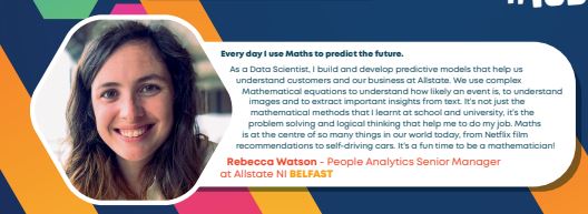 mathsweek's tweet photo. Data Analyst Rebecca Watson from AllState NI Belfast is our Day #4 Local Hero! She uses Equations and Probability to calculate the likelihood of events happening - almost predicting the future! #MathsatWork #IUseMaths https://t.co/AAU9GrDMAL