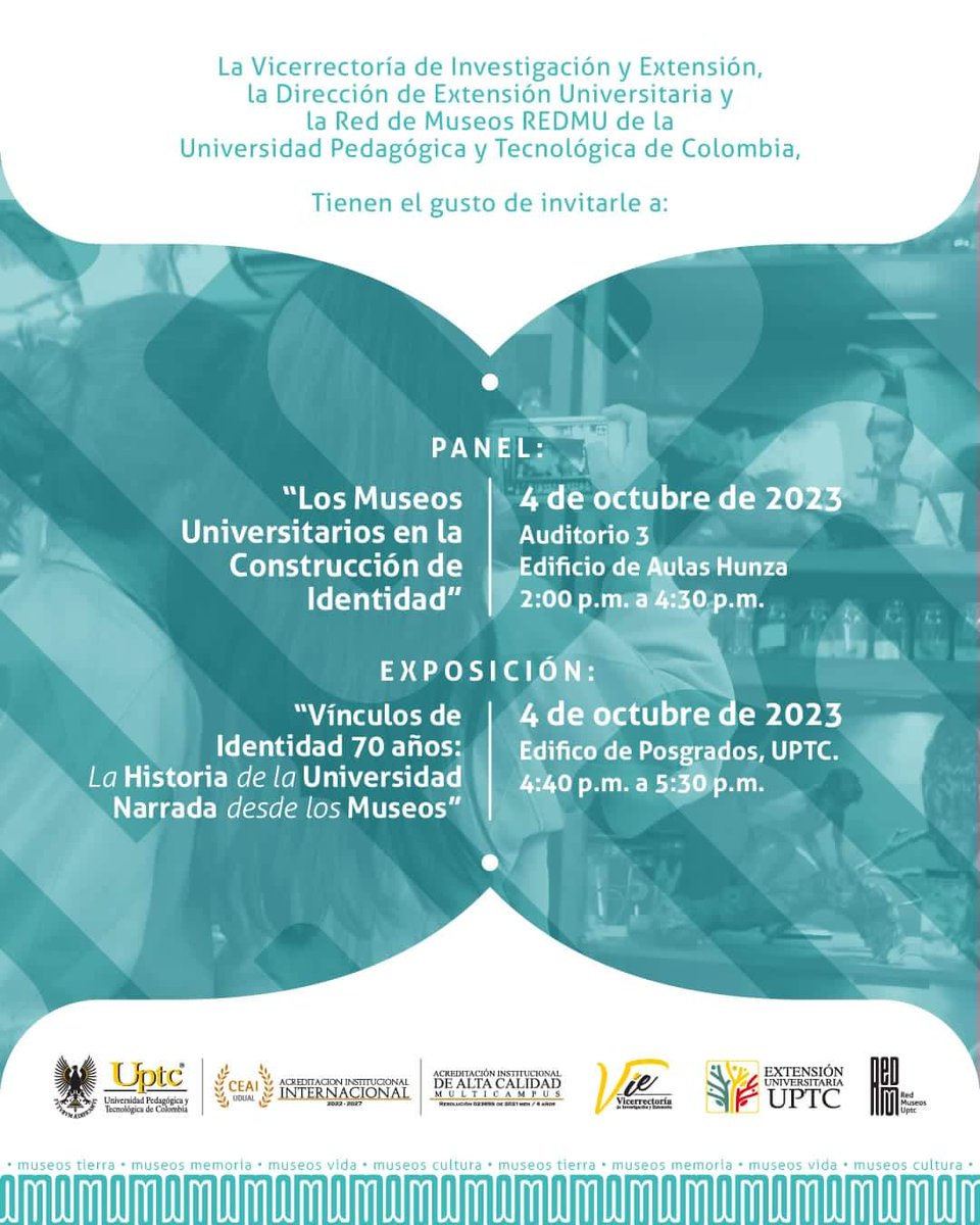 ELDIARIOBOYACA's tweet image. #EventosUPTC | Cordialmente invitados a participar del Panel 👉 "Los Museos Universitarios en la Construcción de Identidad" y la Exposición 👉 "Vínculos de Identidad 70 Años". ¡Sé parte de un evento único que conectará nuestros sentidos! 👌

#UPTC70Años 💛🖤

@UPTCoficial
