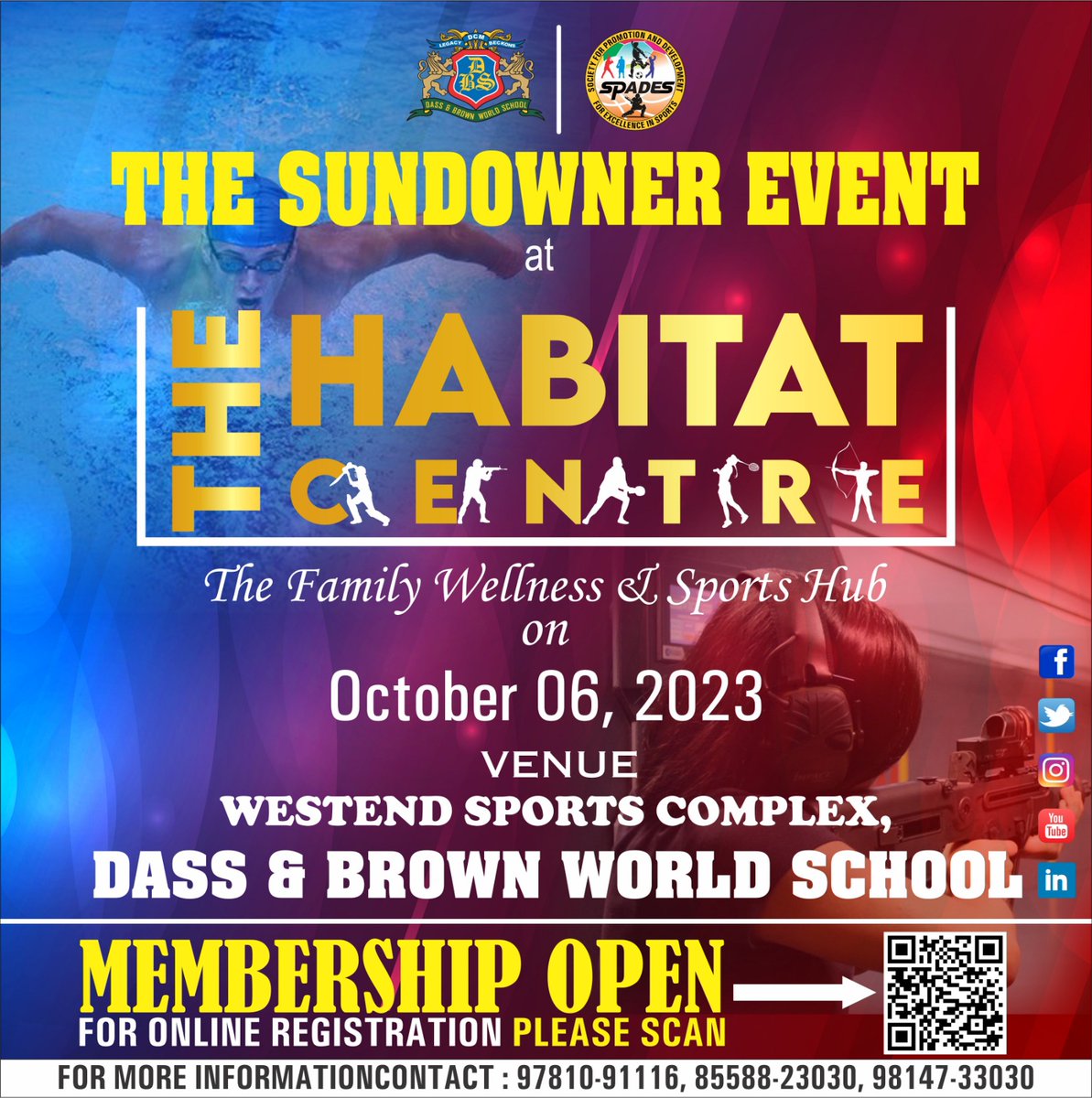 Exciting news! 
Join us at the Sundowner event on Oct 6, 2023, at the Habitat Centre - The Family Wellness and Sports Hub. 
From yoga to sports, it's all here. Online registration is open - scan the QR Code. 
Strengthen family bonds and create lasting memories! #FamilyWellness