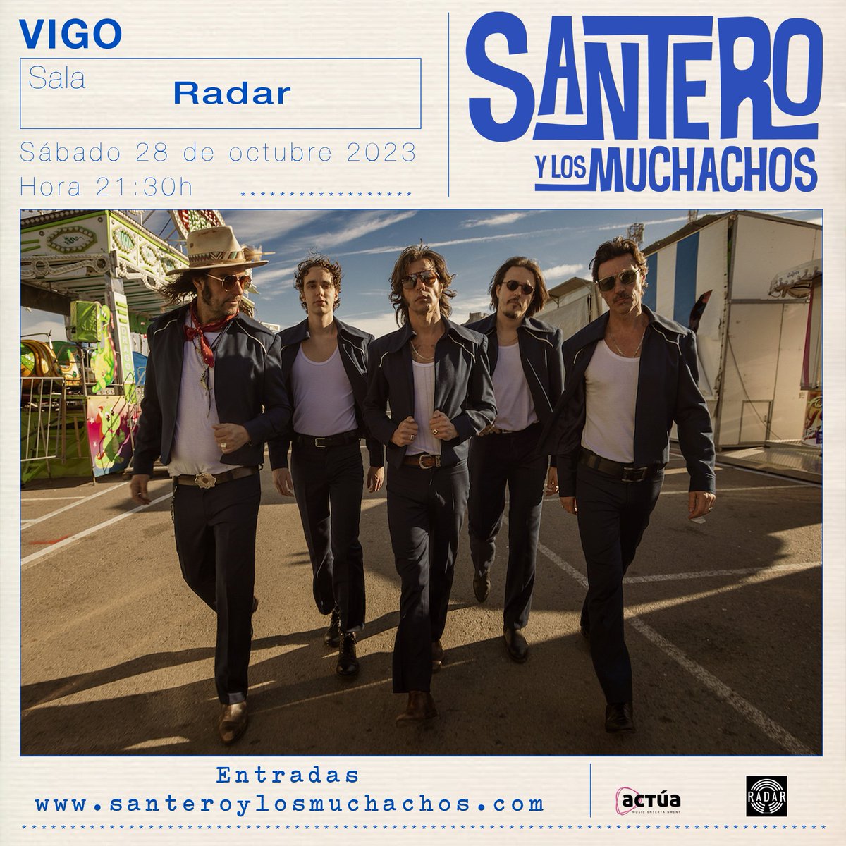 El rock reposado de <a href="/SanteroyM/">Santero y Los Muchachos</a> sale de nuevo a la carretera para presentar su tercer disco 'Royal Cantina' y recordar las canciones más representativas de sus discos anteriores.

-#RiquelaClub. Santiago DC. 27 Oct

- <a href="/RadarEstudios/">Radar Estudios</a>. Vigo. 28 Oct

Entradas aquí: <a href="/entertickets/">enter</a>
