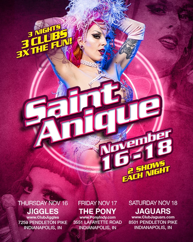 ClubJaguarsIndy's tweet photo. It's gonna be a wild weekend in Indy! 🎉🎊 Get ready for the party of a lifetime with Saint Anique, Nov 16-18! 🤩
.
.
.
#3xTheClubs #3xTheFun #SaintAnique #IndyTakeoverTour #IndyNightLife #ThePonyIndy #Jiggles #Jaguars #IndyStripClubs https://t.co/iijf75qwnB