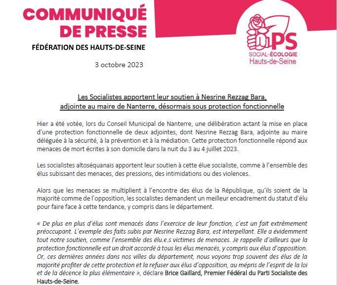 UDESR92's tweet photo. L'UDESR92 apporte son soutien à  @GmNesrine, adjointe au maire de @VilleNanterre, désormais sous protection fonctionnelle - après les agressions insupportables et inacceptables qu'elle subit dans le cadre de son mandat. https://t.co/Pw8rtfX8GX