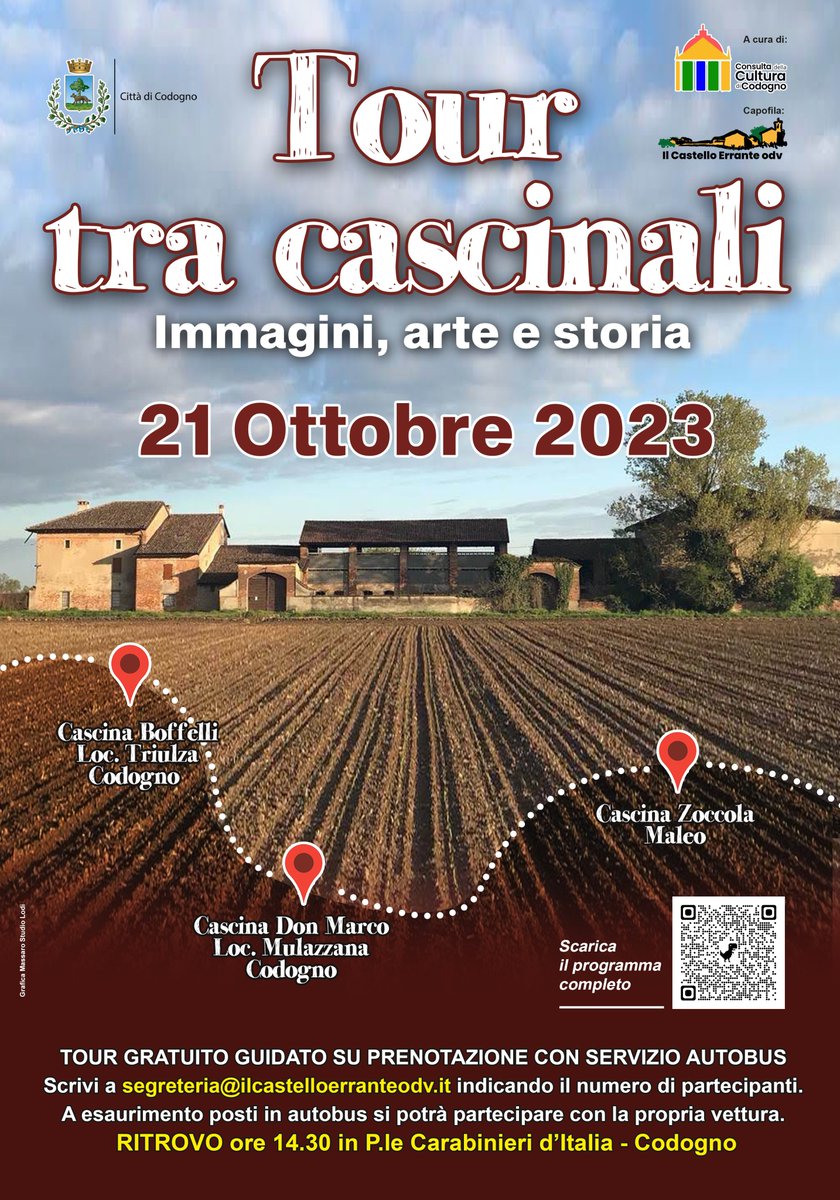 21 Ottobre - Tour tra cascinali - Immagini, arte e storia
Tour gratuito guidato su prenotazione con servizio autobus
Ritrovo ore 14.30 in Piazzale Carabinieri d'Italia

Scrivi a segreteria@ilcastelloerranteodv.it indicando il numero di partecipanti