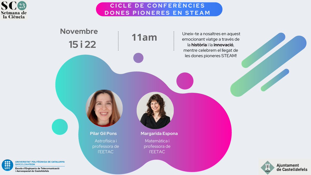 EETAC_UPC's tweet photo. 🔉 SAVE THE DATE:
👉Concidint amb la 28a Setmana de la Ciència inaugurem a l'EETAC el Cicle "Dones pioneres en STEAM"
Consulta tota la info al web https://t.co/DJxCbYgCYW
i segueix-nos a les xarxes!
Inscripcions obertes properament🤗
#donesSTEAM #aquiSTEAM #laupc https://t.co/FgEmaXpgy8
