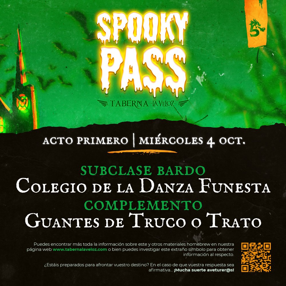 tabernalaveloz's tweet photo. Acto Primero - Día 3
Nueva subclase para Bardo y unos guantes que no os podéis perder.

Aquí: https://t.co/RluZPWz5XU
 #spookypass #halloween #dnd5e https://t.co/nwy4vIcXZh