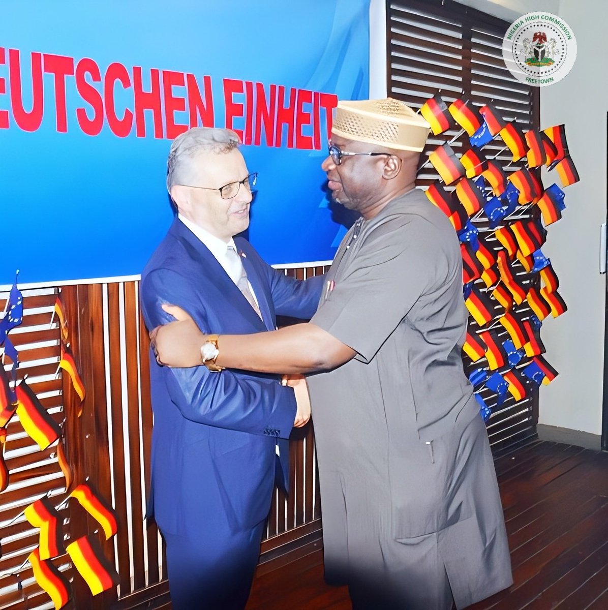 AriKeana's tweet photo. His Excellency, Amb. @OmakuHenry High Commissioner @ngmission_sle last night, on the invitation of the German Ambassador to the Republic of Sierra Leone, attended the National Day Reception to mark the 33rd Years  Anniversary of Unity in Germany. https://t.co/2vrnCYlRA2