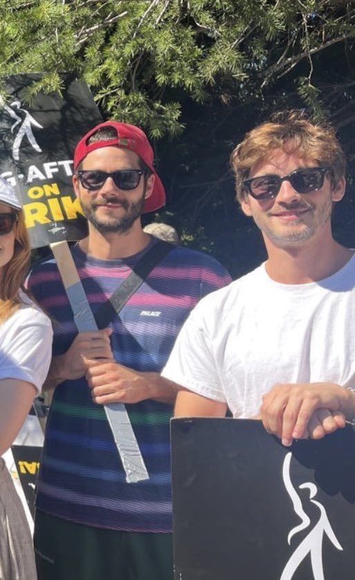 LermanUpdate's tweet photo. Logan Lerman and Dylan O’Brien on the picket lines of the SAG-AFTRA strike in LA! https://t.co/z2RYTysgEA