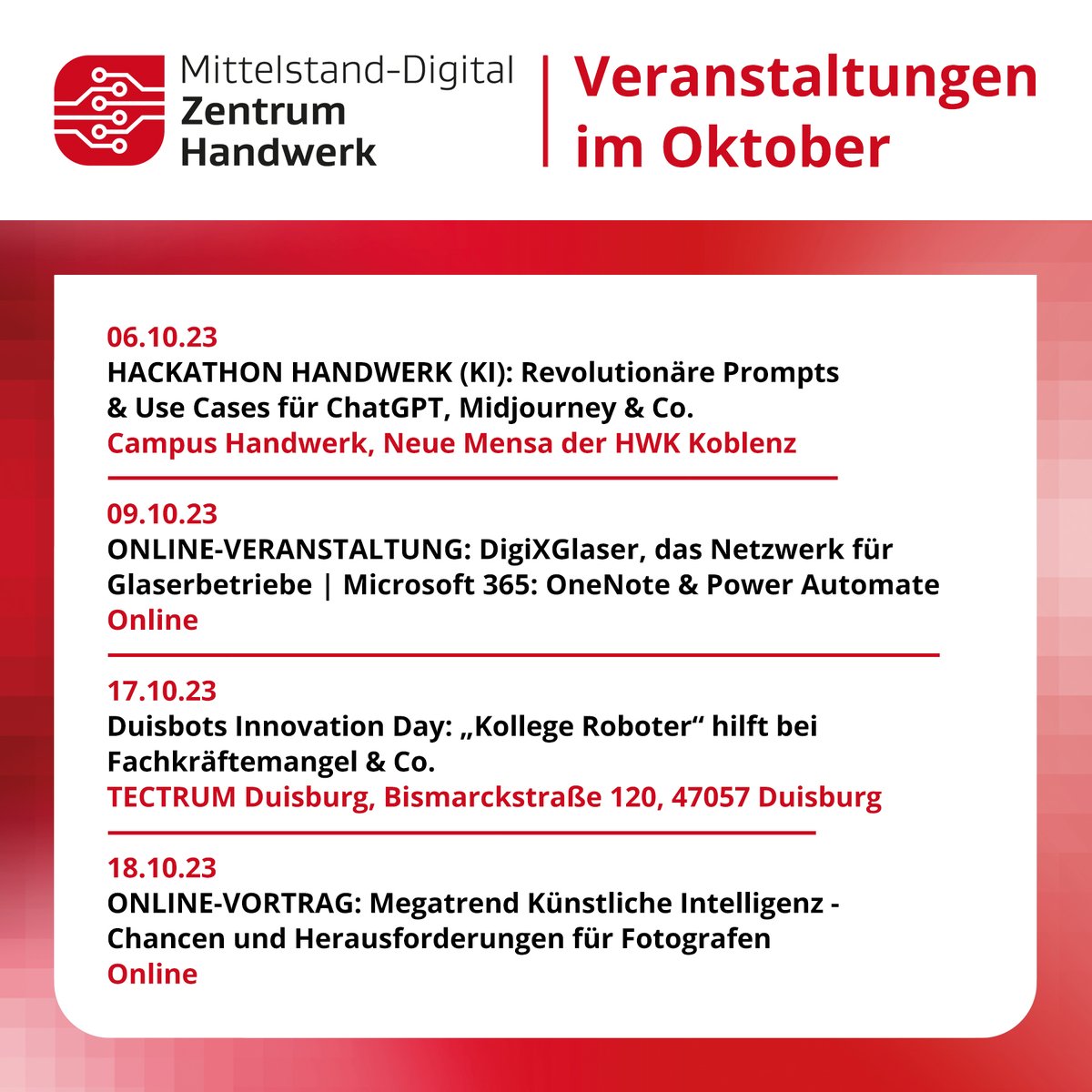 Unsere Weiterbildungsangebote im Oktober: beste Ergebnisse mit #ChatGPT, Midjourney &amp; Co., #Microsoft356 für GlaserInnen, #Robotik im Handwerk, #KI für Fotografen: handwerkdigital.de/Veranstaltungen
