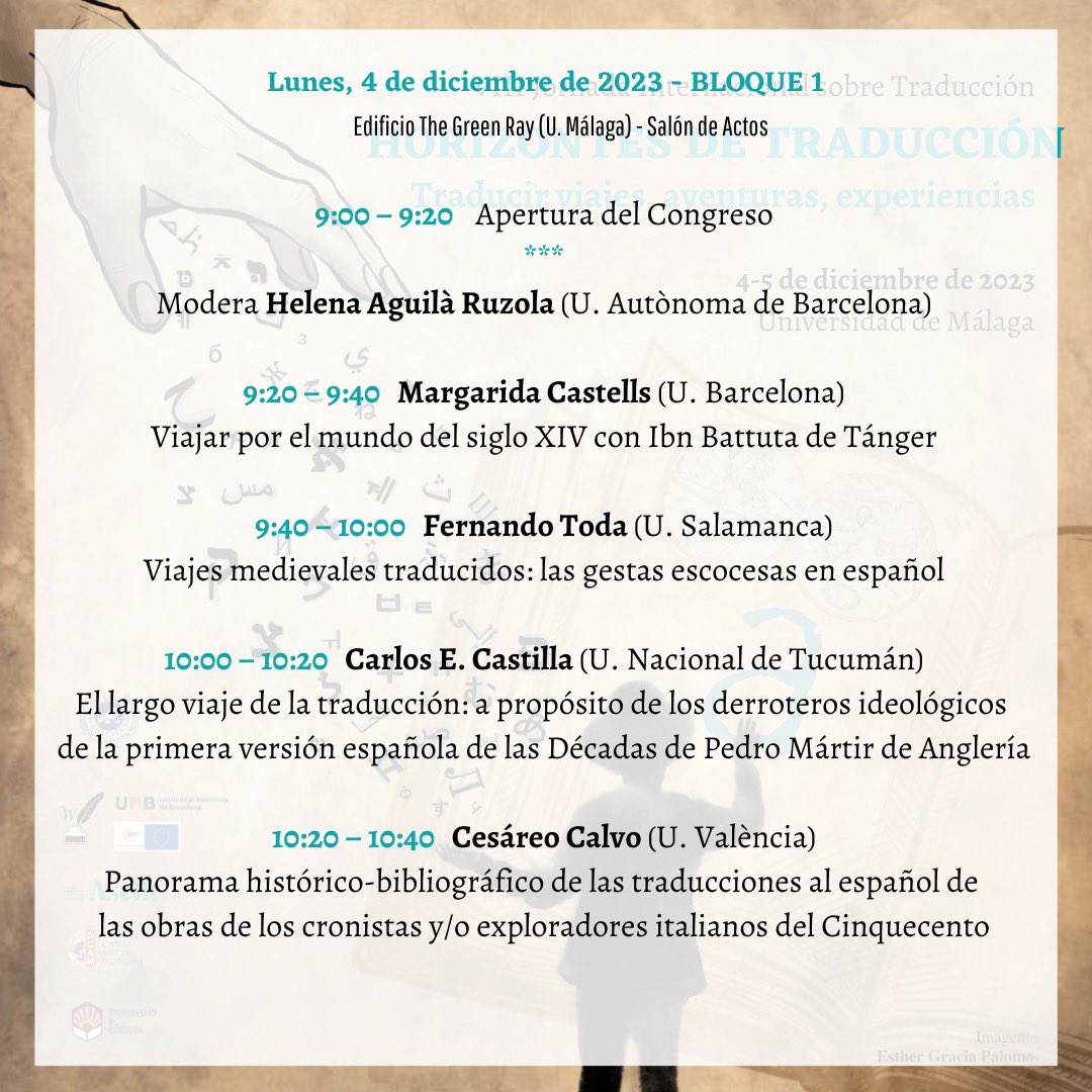 GiornateT's tweet photo. ➡️ Os presentamos la sesión A del primer bloque del Congreso, con M. Castells, F. Toda, C.E. Castilla y C. Calvo, moderada por @BiancaBrumonti 

👀 el programa completo:

https://t.co/lswLYkQXYl…

#jornadatraducción8 #traducción #traduzione #giornatatraduzione8 https://t.co/XHhtDwDNo3