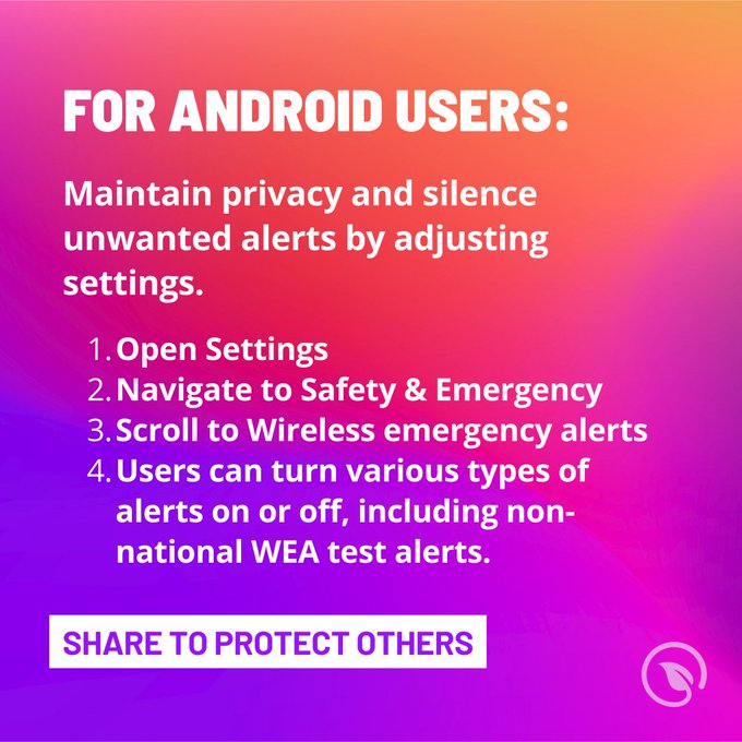 xgoddessx's tweet photo. ‼️🚨IMPORTANT SAFETY ALERT🚨‼️
FEMA/FCC is conducting a nationwide cell phone alert test TODAY at 2:20 pm EST. Any powered-on phones with a signal will sound the alert tone. TURN OFF your hidden safety phones. #DomesticViolence #DomesticViolenceAwareness #HelpProtectWomen https://t.co/TKBa25X82k