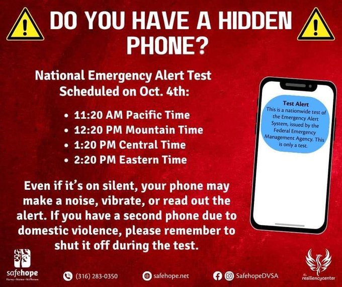 xgoddessx's tweet photo. ‼️🚨IMPORTANT SAFETY ALERT🚨‼️
FEMA/FCC is conducting a nationwide cell phone alert test TODAY at 2:20 pm EST. Any powered-on phones with a signal will sound the alert tone. TURN OFF your hidden safety phones. #DomesticViolence #DomesticViolenceAwareness #HelpProtectWomen https://t.co/TKBa25X82k