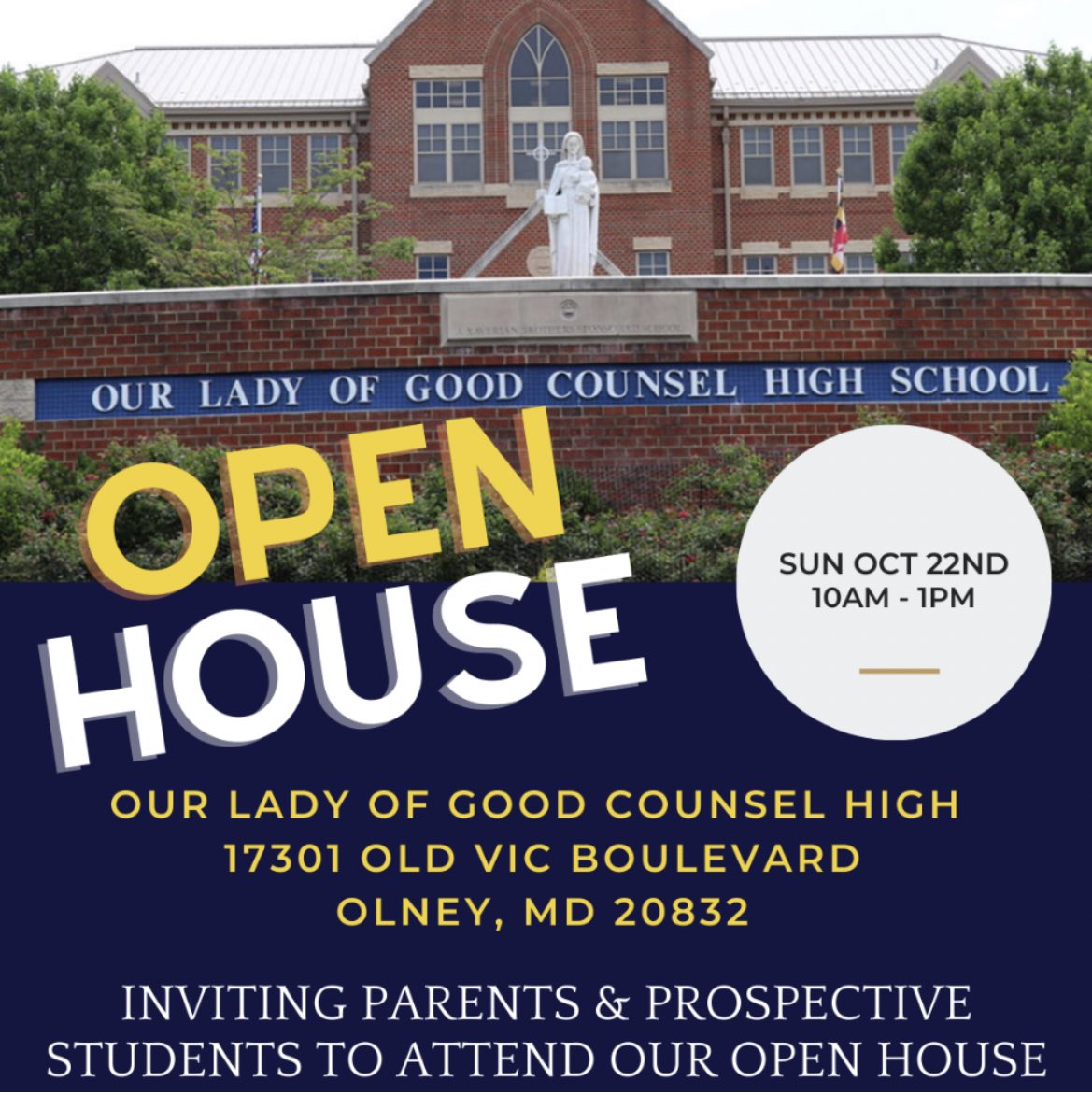 Attention future Falcons…..Open House is coming up please register at: olgchs.org/inquire
We look forward to meeting you! 
<a href="/GCFalconsAD/">GC Athletics</a> <a href="/OLGCHS/">Good Counsel</a>