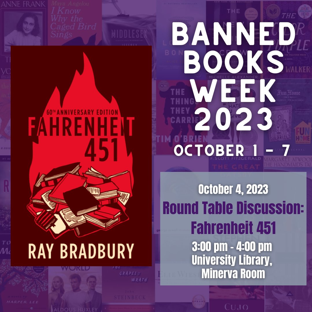 Join us today, 10/4, for a roundtable discussion on Fahrenheit 451! 3:00pm in the University Library Minerva Room (basement level). #BannedBooksWeek #UAlbany #UAlbanyLibraries