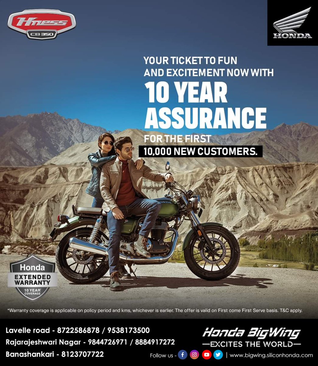 honda_bigwing's tweet image. Ignite the fun for long rides with #HnessCB350, now available with 10 years of assurance for first 10,000 new customers. 
Head to the nearest #HondaBigWing experience center to know more.
#HondaBigWingIndia #YourHighness #Motorcycle #BigBikes #Bikes #BigWingIndia
