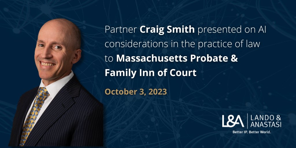 Craig Smith presented on the potential implications of #artificialintelligence technology on the practice of law, litigation, and the adjudication of lawsuits, to the Massachusetts Probate & Family Inn of Court 🔗 bit.ly/48HYIkH

#AI #practiceoflaw #IPLaw #LALaw