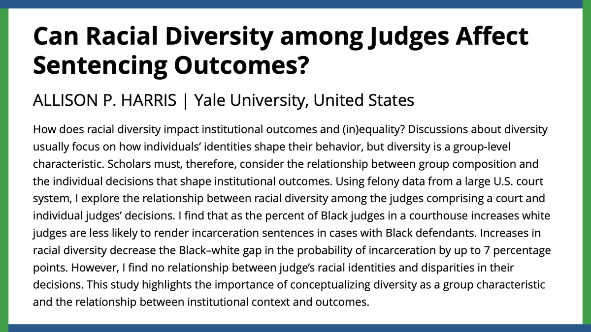 Can racial diversity among judges affect sentencing outcomes? @AlliPatter demonstrates the critical impact of Black judges on white judges' sentencing. #APSRFirstView ow.ly/VQf550PRrix