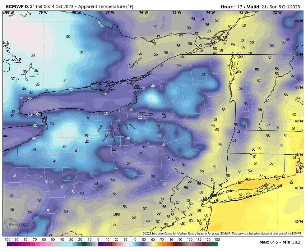 This post is your incentive to take advantage these last couple days of summer-like weather. Here's what the EURO is thinking for Sunday afternoon. Wind gusts 20-30 mph could make it feel like the 40s for much of New York State.. Not to mention lake effect rain showers. #NYwx