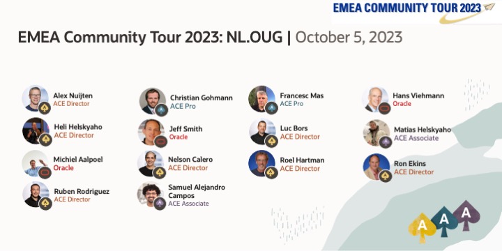 Oracle ACE Program (@oracleace) on Twitter photo EMEA Oracle Community Tour arrives in Utrecht, Netherlands tomorrow and is hosted by nlOUG and OBUG together!
Join them now 👉
<a href="/alexnuijten/">Alex Nuijten</a> <a href="/CGohmannDE/">Christian Gohmann</a> <a href="/francescmaspuig/">Francesc Mas</a> @helifromfinland <a href="/lucb_/">luc bors</a> <a href="/ncalerouy/">Nelson Calero</a> <a href="/RoelH/">Roel 😎</a> <a href="/RonEkins/">Ron Ekins</a> <a href="/rsantrod/">Ruben Rodriguez</a> <a href="/oraclesach/">Samuel Campos</a>
social.ora.cl/6015uzxwX
#OracleACE EMEA Oracle Community Tour arrives in Utrecht, Netherlands tomorrow and is hosted by nlOUG and OBUG together!
Join them now 👉
<a href="/alexnuijten/">Alex Nuijten</a> <a href="/CGohmannDE/">Christian Gohmann</a> <a href="/francescmaspuig/">Francesc Mas</a> @helifromfinland <a href="/lucb_/">luc bors</a> <a href="/ncalerouy/">Nelson Calero</a> <a href="/RoelH/">Roel 😎</a> <a href="/RonEkins/">Ron Ekins</a> <a href="/rsantrod/">Ruben Rodriguez</a> <a href="/oraclesach/">Samuel Campos</a>
social.ora.cl/6015uzxwX
#OracleACE