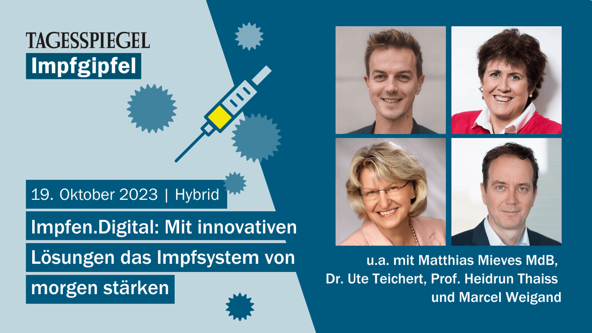 Wie kann die #Digitalisierung zur Steigerung der Impfquoten beitragen? Diskutieren Sie beim #Tagesspiegel #Impfgipfel Herausforderungen, mögliche Lösungen und notwendige (regulatorische) Rahmenbedingungen. Mehr Informationen und kostenfreie Anmeldung: veranstaltungen.tagesspiegel.de/aMl5q3?RefId=S…