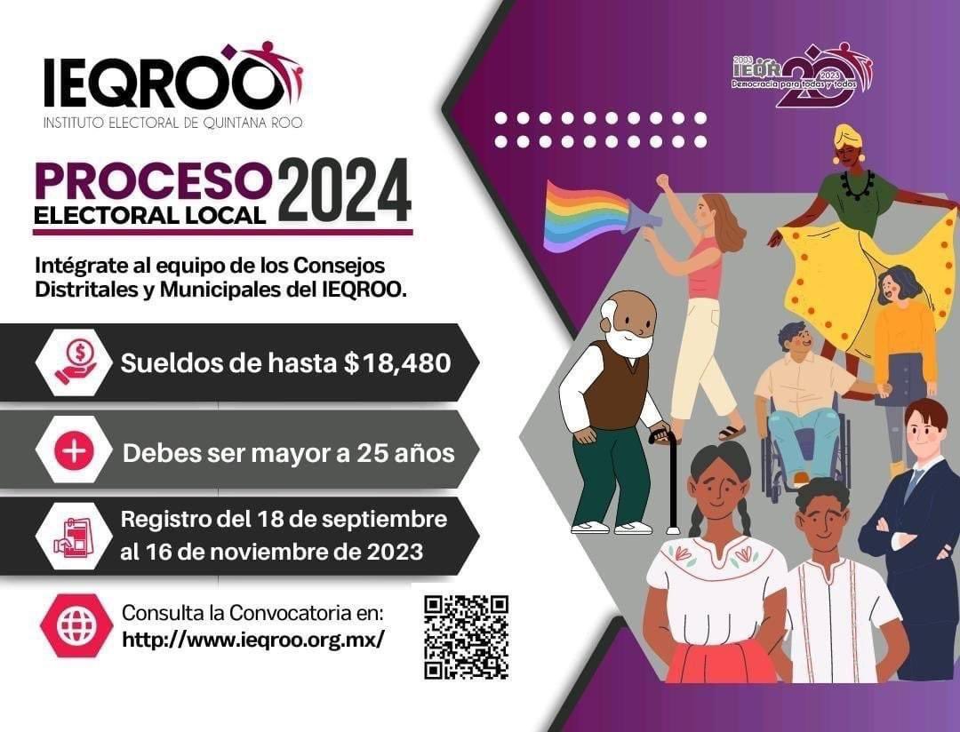 🚨<a href="/IEQROO_oficial/">IEQROO</a> convoca a la ciudadanía residente en el Edo. de Q. Roo, a participar en el proceso de reclutamiento, selección y designación de presidencias, consejerías y vocalías de consejos distritales y municipales para el PEL 2024.

🧑‍💻Regístrate en portal.ieqroo.org.mx/aspirantes/con…