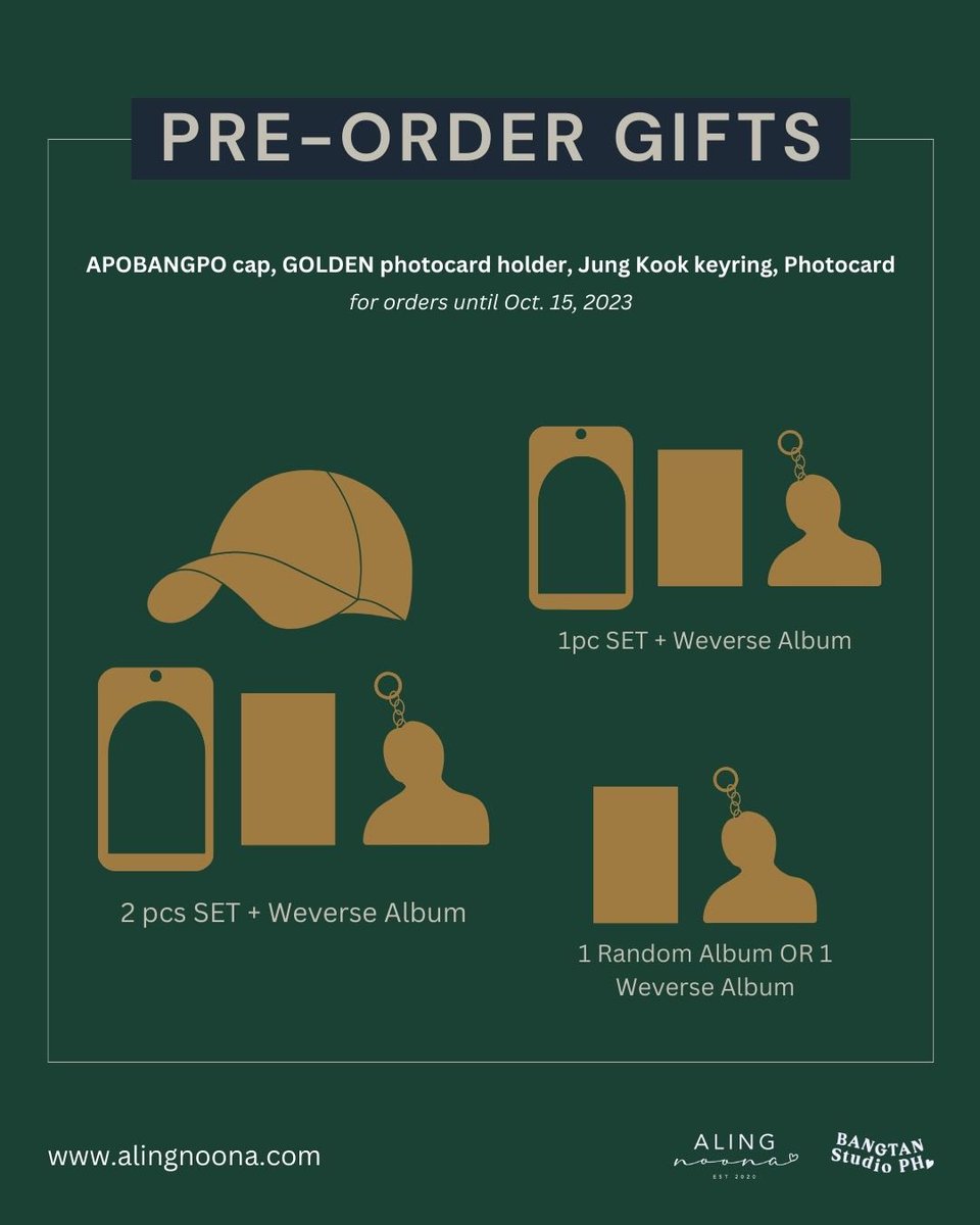 GOLDEN by JK is now available for pre-order on our website!

ONLY UNTIL OCT. 15, 2023:
🌟 With Weverse Special Gifts
🌟 With addtl Special Gifts fr @bangtanstudioph
🌟 Option for FETA

🛒👉🏼 alingnoona.com/jungkook

#PHGO #jungkook #JungKook_GOLDEN  #JK