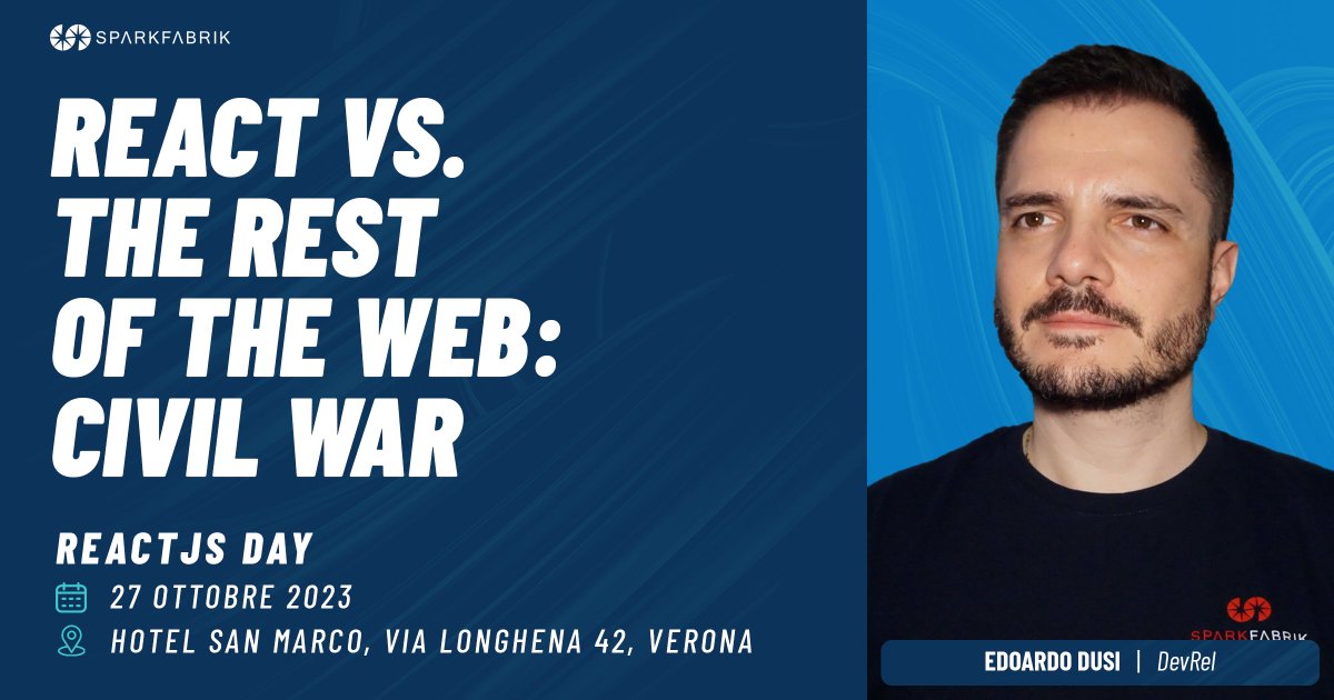 On the 27th of October, Verona will host the reactjsday by @grusp.
We will be silver sponsor, but above all, @edodusi will be on the stage with a brand-new talk:
💣 React vs. The Rest of The Web: Civil War

Will you join us?
@reactjs @reactjsday