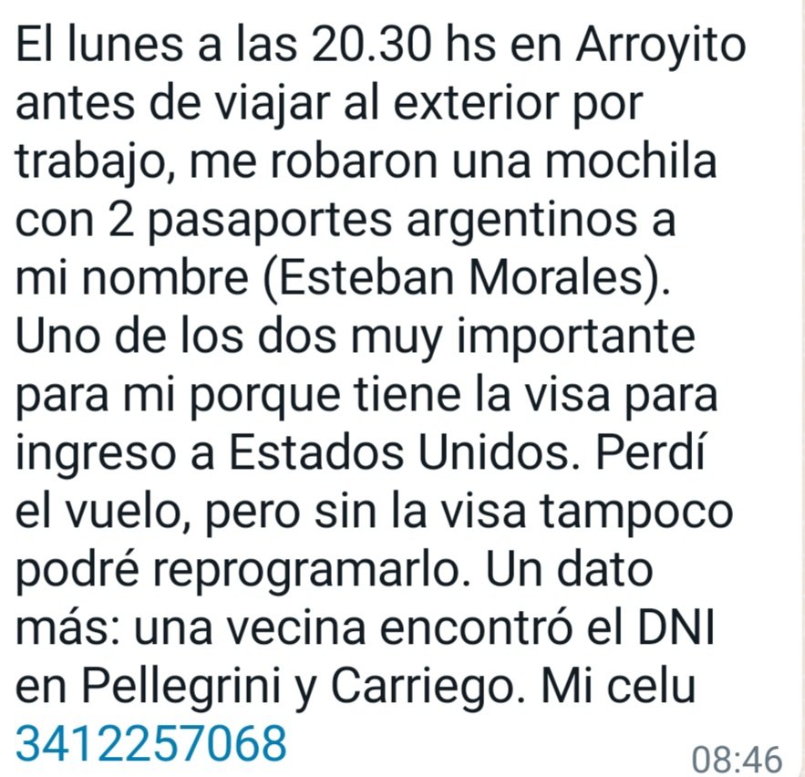 emergenciasAR's tweet photo. Vamos #Rosario a ver si podemos ayudar a este vecino, buscamos 2 pasaportes a nombre de Esteban Morales, fueron robados junto a una mochila, parte de la documentación apareció en Pellegrini y Carriego si alguien los encuentra por favor avisar, gracias. @leodelga2 @CalleDeRosario https://t.co/AewPmeoeLN