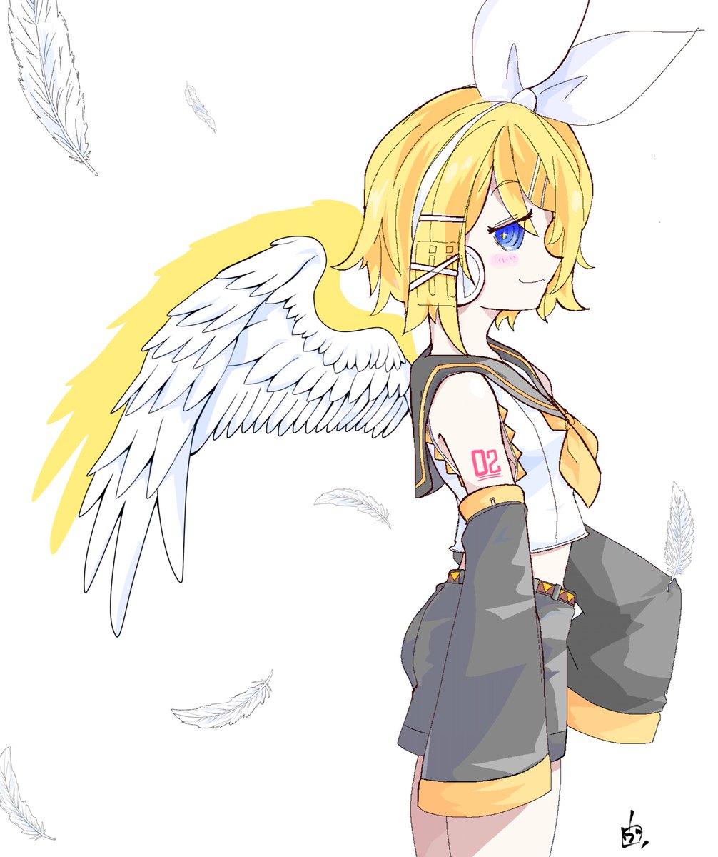 kagamine rin 1girl wings blonde hair headphones shorts solo feathered wings  illustration images