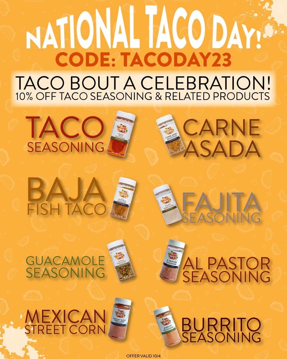 Spice_Madness's tweet photo. IT’S NATIONAL TACO DAY!!

Let's celebrate!
10% off our Taco Seasoning and taco related products.  

Follow the link below, or enter TACODAY23 at checkout to claim!
https://t.co/Vdj9IBJ7ZL

#spicemadness #NationalTacoDay #Tacos #HumpDay https://t.co/ZbSQjFksxb