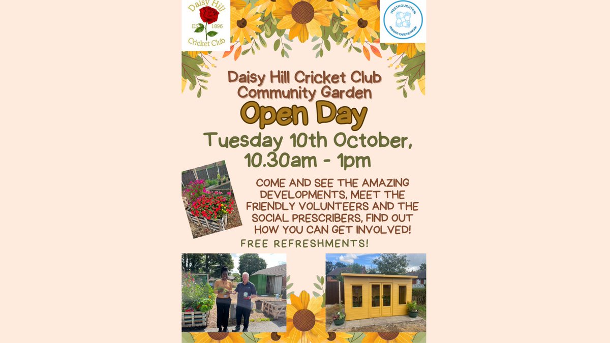 Bolton GP Federation (@boltongpfed) on Twitter photo Daisy Hill Cricket Community Garden is holding an open day on Tuesday 10th October.
Open to everyone to go along and see what goes on there and meet the social prescribers from <a href="/WesthoughtonPCN/">Westhoughton PCN</a> Daisy Hill Cricket Community Garden is holding an open day on Tuesday 10th October.
Open to everyone to go along and see what goes on there and meet the social prescribers from <a href="/WesthoughtonPCN/">Westhoughton PCN</a>
