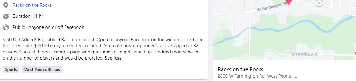 IllinoisPool's tweet image. 9 Ball Tournament
• 11/11/23 (12pm)
• West Peoria (Racks on the Rocks)
• $30