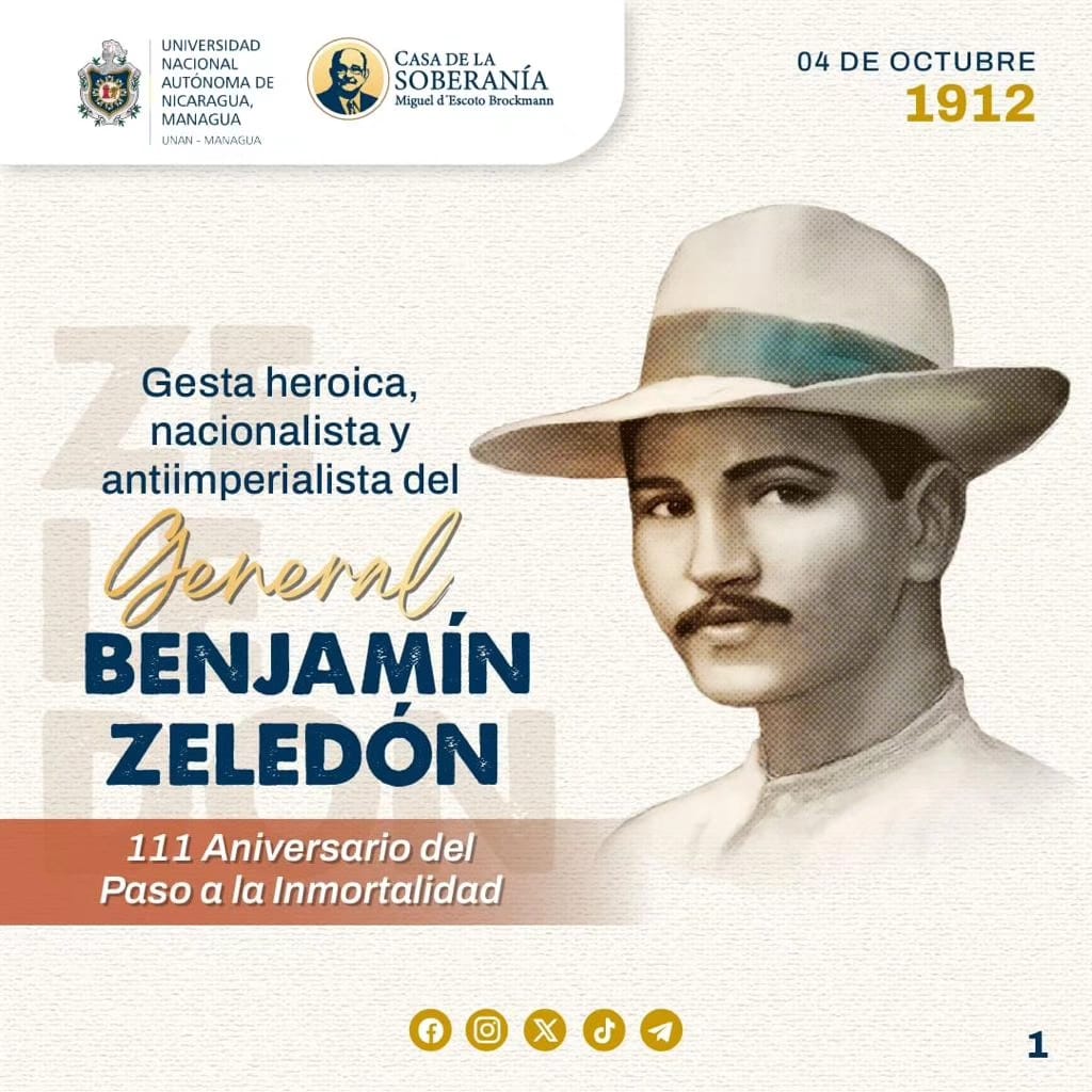 Latirá en nuestros corazones la hazaña del General Benjamin Zeledon que siendo inmaculado ante los ojos del General Sandino un 4 de octubre de 1912, se convirtió en la antorcha que iluminó la victoria del pueblo ante la invasión yankee. 

Hoy, como ayer: 
#FSLNVencimosVenceremos