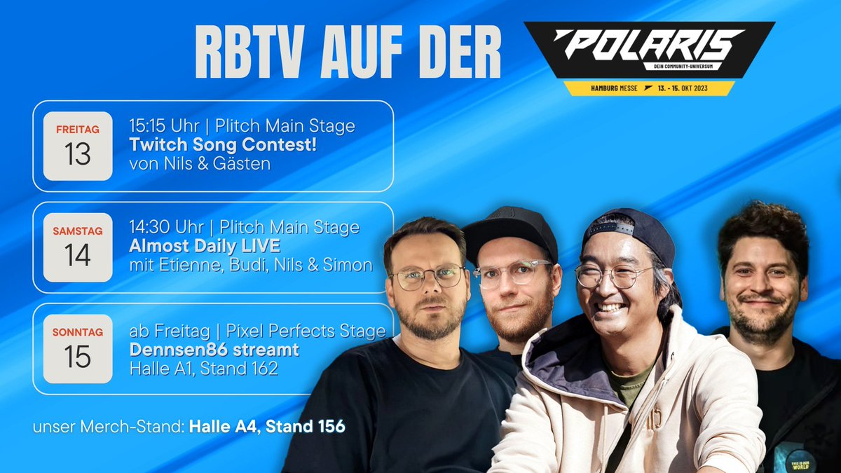 Rocket Beans TV (@therocketbeans) on Twitter photo Das ist unser Programm für die #Polaris! U.a. mit <a href="/EtienneToGo/">Etienne Gardé</a> <a href="/boedefeld_/">Nils Bomhoff</a> @budnoob <a href="/Bimon/">MON</a> und <a href="/Dennsen_86/">Dennsen86</a> - kommt vorbei! Das ist unser Programm für die #Polaris! U.a. mit <a href="/EtienneToGo/">Etienne Gardé</a> <a href="/boedefeld_/">Nils Bomhoff</a> @budnoob <a href="/Bimon/">MON</a> und <a href="/Dennsen_86/">Dennsen86</a> - kommt vorbei!