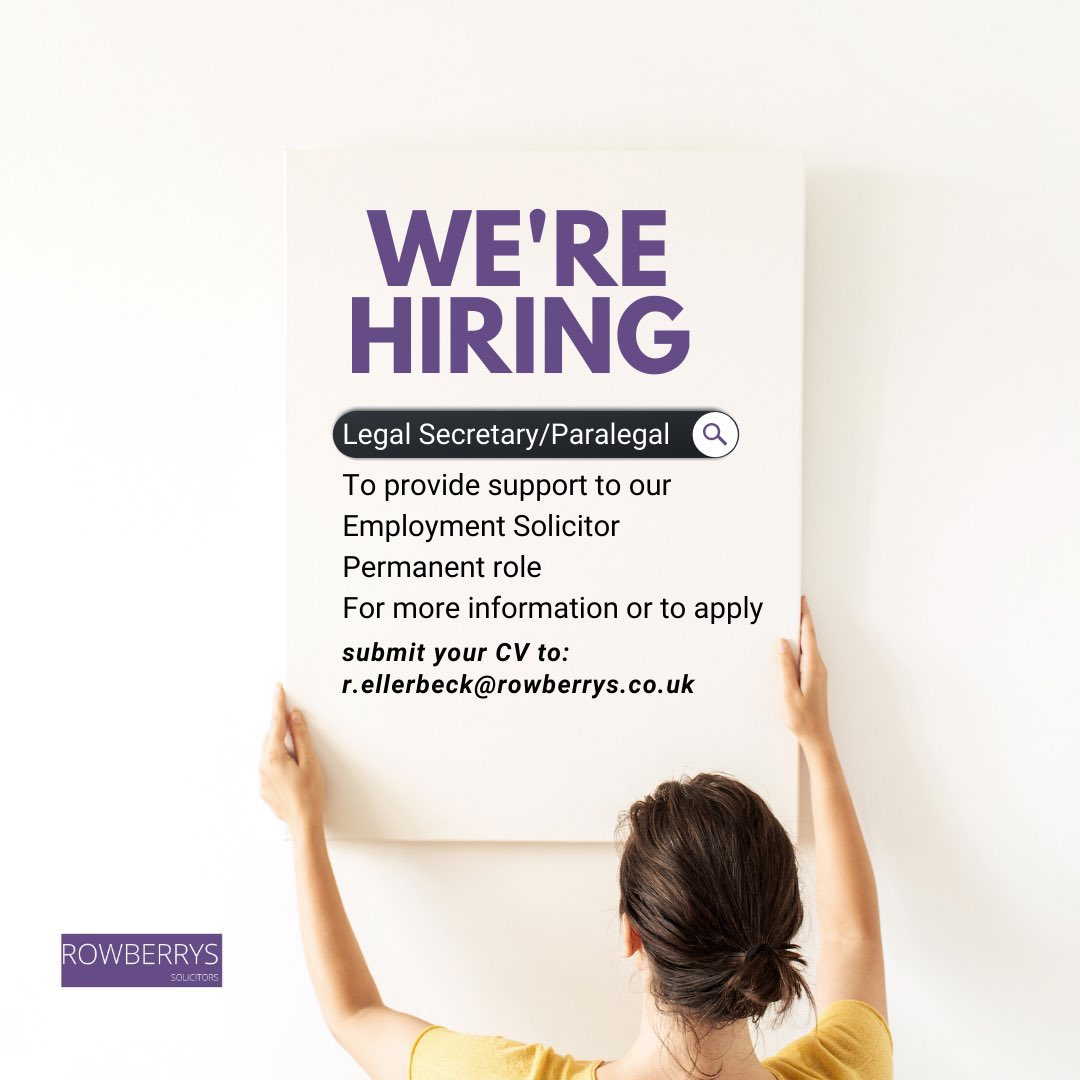 We have an exciting opportunity and are looking to hire a Legal Secretary/Paralegal to support our Employment Solicitor. 

For more information or to 
apply, please forward your CV to r.ellerbeck@rowberrys.co.uk

#legaljob #jobseekers #jobsearch #JobVacancy #jobopening