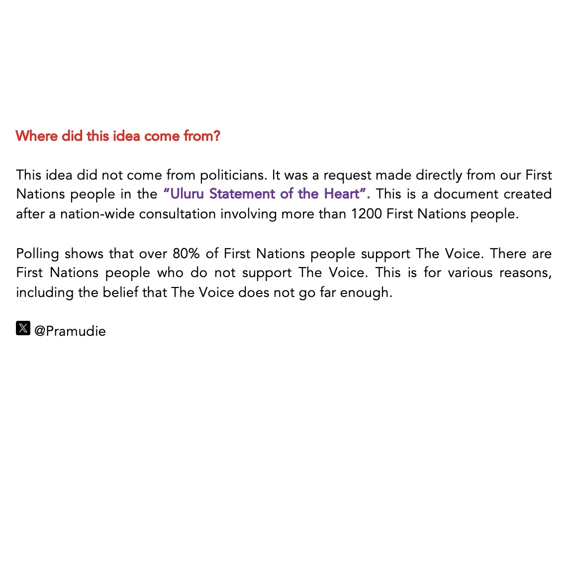 Pramudie's tweet photo. A simple explainer on #TheVoice referendum I made to help me have conversations with loved ones - sharing here in case it’s helpful for anyone else  

Also, I highly recommend Noel Pearson’s NPC address to learn more. Powerful and poetic words.🙏🏾❤️#yes23
 
https://t.co/KUklpCr4Gj https://t.co/voGbCOG7ld