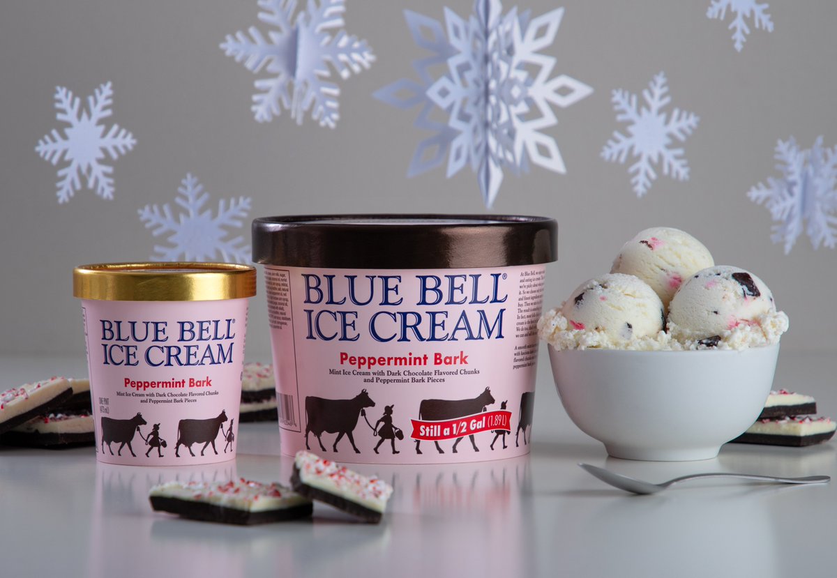 ILoveBlueBell's tweet photo. Let the holiday fun begin! ❄️Our Peppermint Bark Ice Cream returns to stores today. Peppermint Bark is a smooth mint ice cream loaded with luscious dark chocolate flavored chunks and tasty peppermint bark pieces. Available in the half gallon and pint sizes for a limited time. https://t.co/XDkGBiEbe0