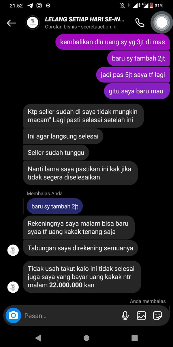 CipouSycorax's tweet photo. HELP RT
PENIPUAN LELANG
jadi gw ikut beli hp di akun lelang ig @secretauction.id (tlng bantu report) awal hargany 2.850.000 tapi ga lama penipu ini minta uang jaminan 2.5jt dan minta uang jaminan lagi sampai uang gw habis 31jt disini https://t.co/ZbNinFBdBu
