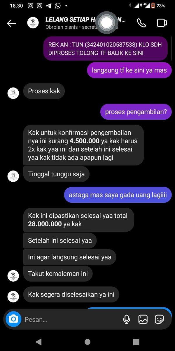 CipouSycorax's tweet photo. HELP RT
PENIPUAN LELANG
jadi gw ikut beli hp di akun lelang ig @secretauction.id (tlng bantu report) awal hargany 2.850.000 tapi ga lama penipu ini minta uang jaminan 2.5jt dan minta uang jaminan lagi sampai uang gw habis 31jt disini https://t.co/ZbNinFBdBu
