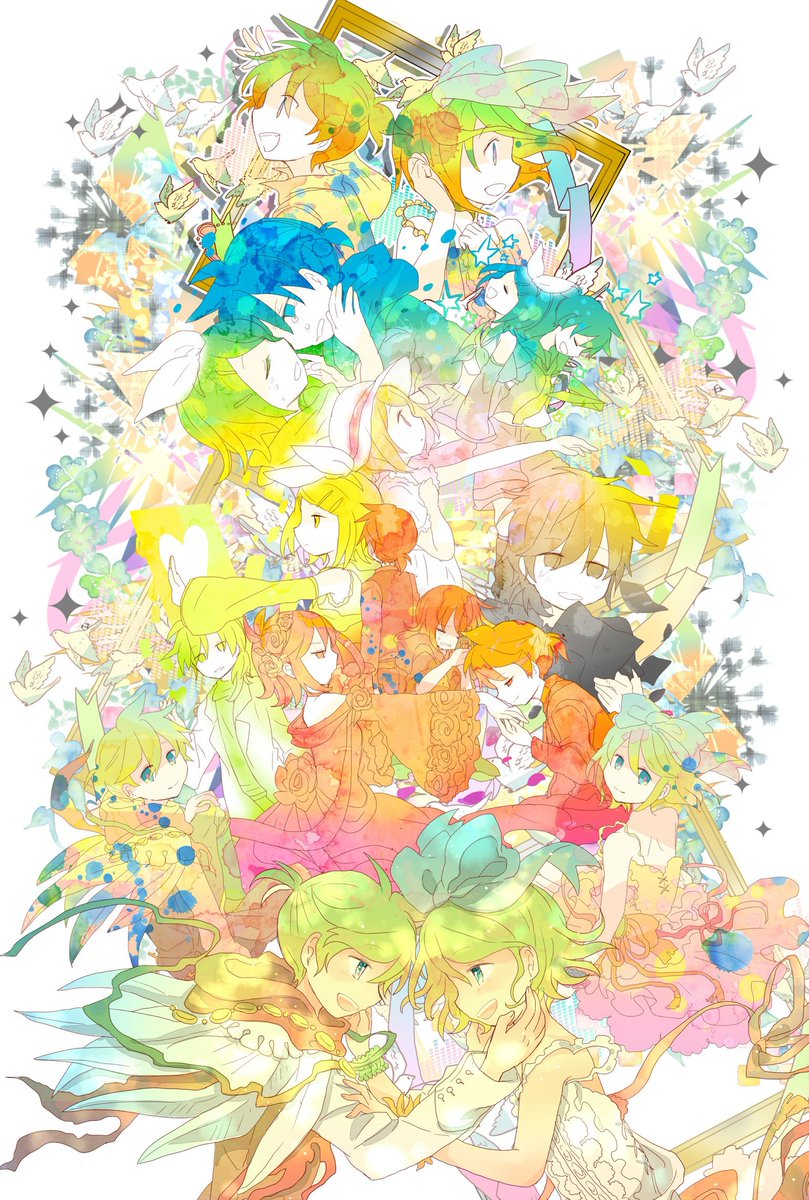 鏡音レン ,鏡音リン ,カイト(ボーカロイド) ,メイコ(VOCALOID) 「【#天使の日】天使と言えばハジマリノイロリターナー是非この機会にPVつけてみたを」|犬飼＠4/1ありがとうございました！🌟NEOKET4【B50】のイラスト