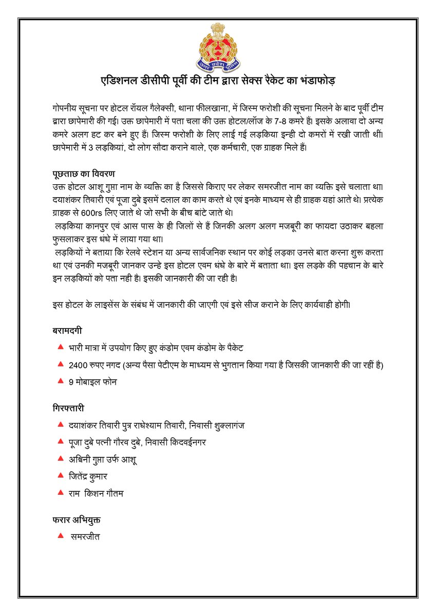 kanpurnagarpol's tweet photo. थाना क्षेत्र फीलखाना में एक होटल में संचालित देह व्यापार की शिकायत पर adcp east @aks18nov द्वारा पुलिस टीम के साथ छापेमारी की गयी। आपत्तिजनक वस्तुओं के साथ 5 अभियुक्त गिरफ्तार। @Uppolice https://t.co/PKu2doI3dC