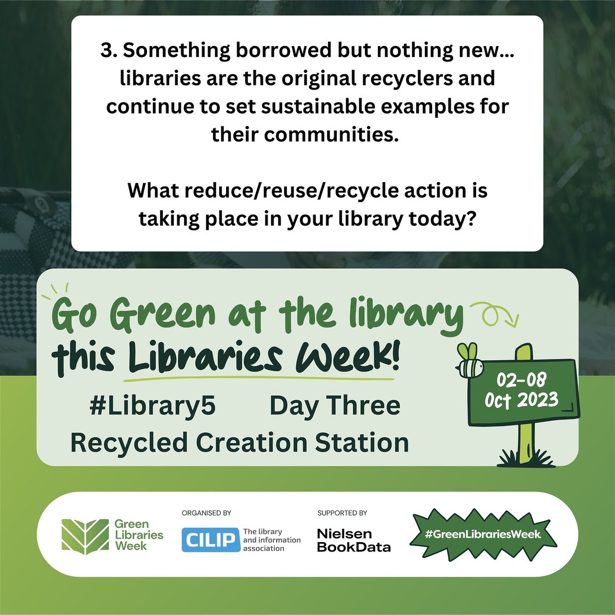 LibrariesNL's tweet photo. #Library5 | @CILIPScotland's #GreenLibrariesWeek Challenge
Our knitting and craft groups often reuse unwanted materials to create something new while learning a great skill. Local good causes can often benefit too. https://t.co/XZg9oTeSZA