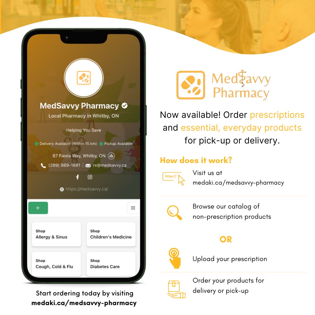 Now in Whitby, Ontario! Order your prescriptions for pick-up or $0 local delivery from <a href="/RxByMedSavvy/">MedSavvy Pharmacy</a> on the MedaKi platform.

Visit medaki.ca/medsavvy-pharm… to get started.

#pharmacy #delivery #online #local #business #whitby