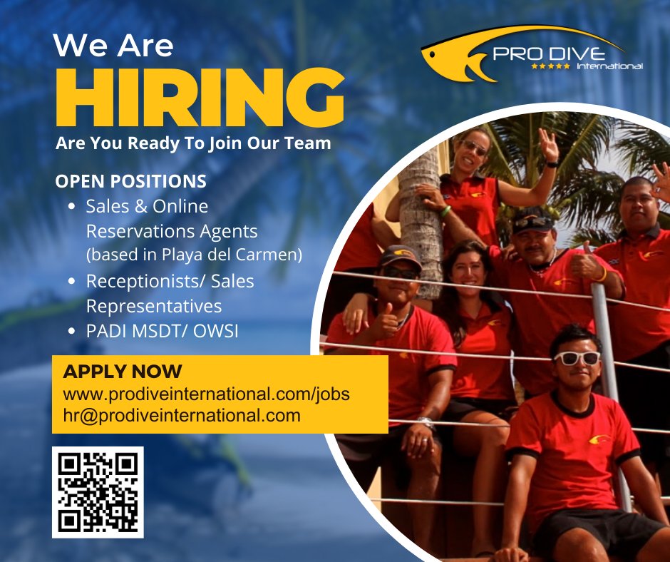 ProDiveInt's tweet image. Midweek blues? Not with us! Join our international team! Check out our openings and requirements, and apply today! hr@prodiveinternational.com! prodiveinternational.com/jobs/

#hiring @PADI #scubadiving #scubainstructor #officejobs #mexico #playadelcarmen