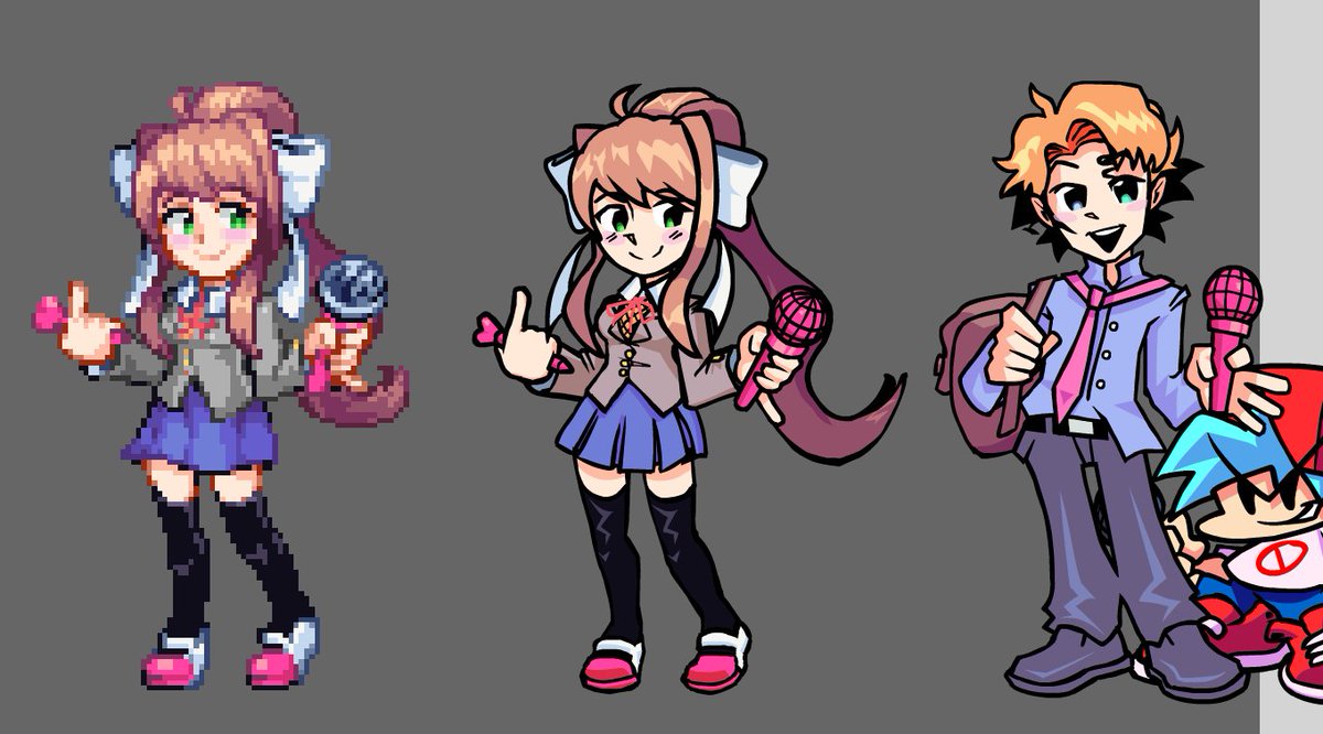 koekonaut's tweet image. havent posted in a while but heres a monika sprite i did based on the newest pixel sprites on ddto