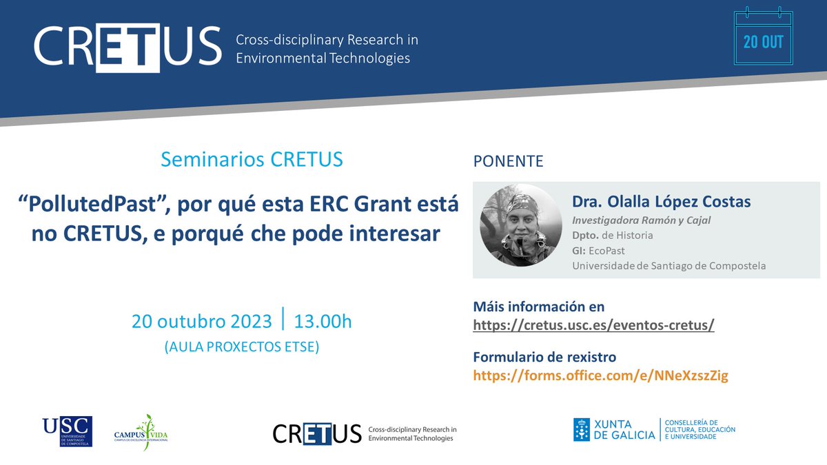 cretus_usc's tweet photo. O proxecto #PollutedPast liderado pola investigadora Olalla López Costas @Olallalc, distinguido coa axuda @ERC_Research, será o tema do próximo seminario CRETUS de investigación. @eco_past @UniversidadeUSC
🗓️20 outubro
📌Aula Proxectos, ETSE
📋inscricións: https://t.co/iAOURxZTff https://t.co/45PNs0pp6m